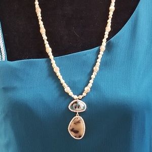 HANDMADE Sparkly Tan, Blue and Crystal Necklace
